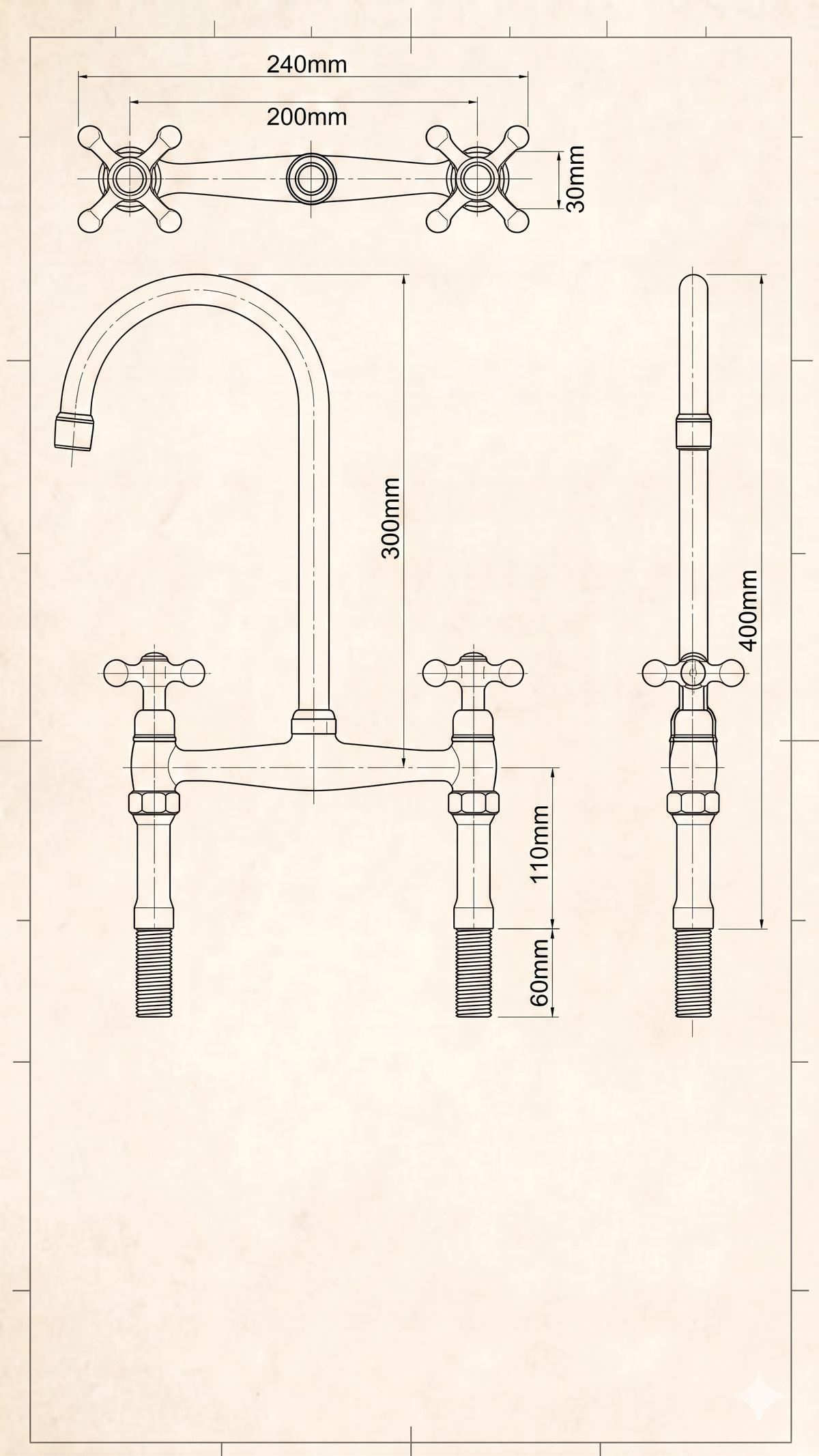 Unlacquered Brass Bridge Kitchen Faucet - Antique Farmhouse 8 Inch Spread - Patina Ready Leaving