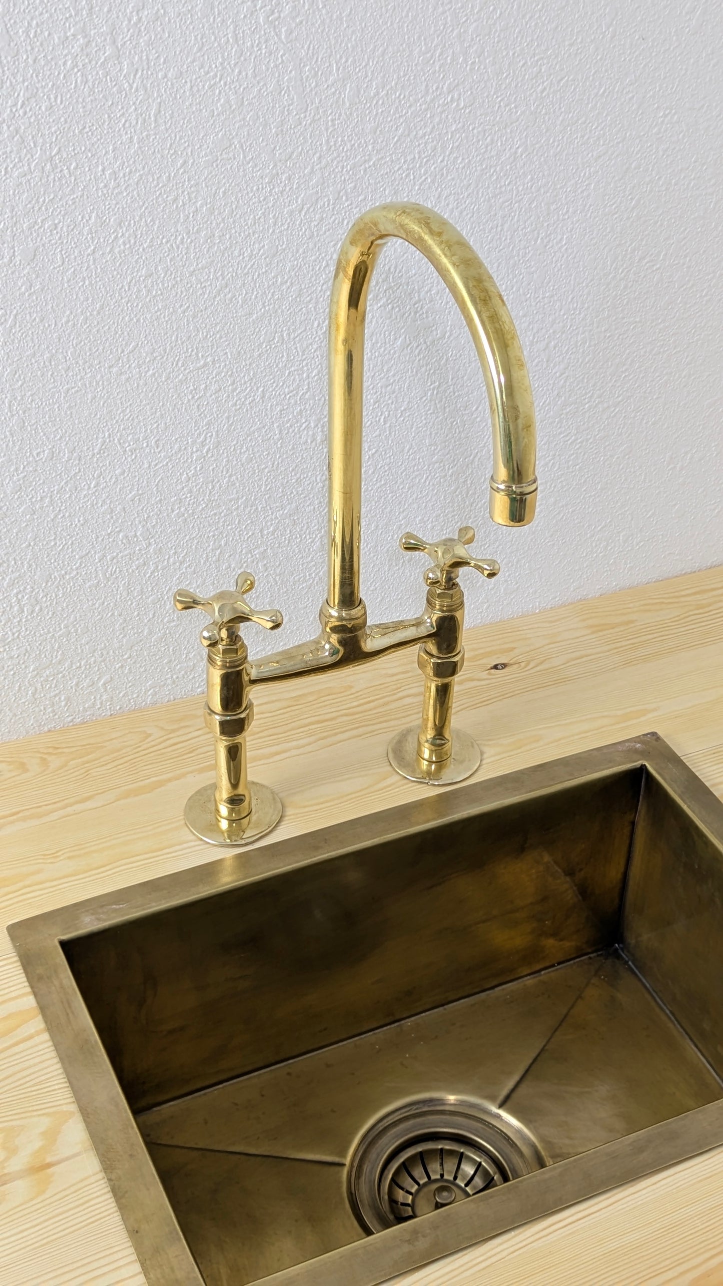 Unlacquered Brass Kitchen Faucet, 6" Bridge Faucet with Cross Handles, Antique Brass, Vintage Brass Faucet