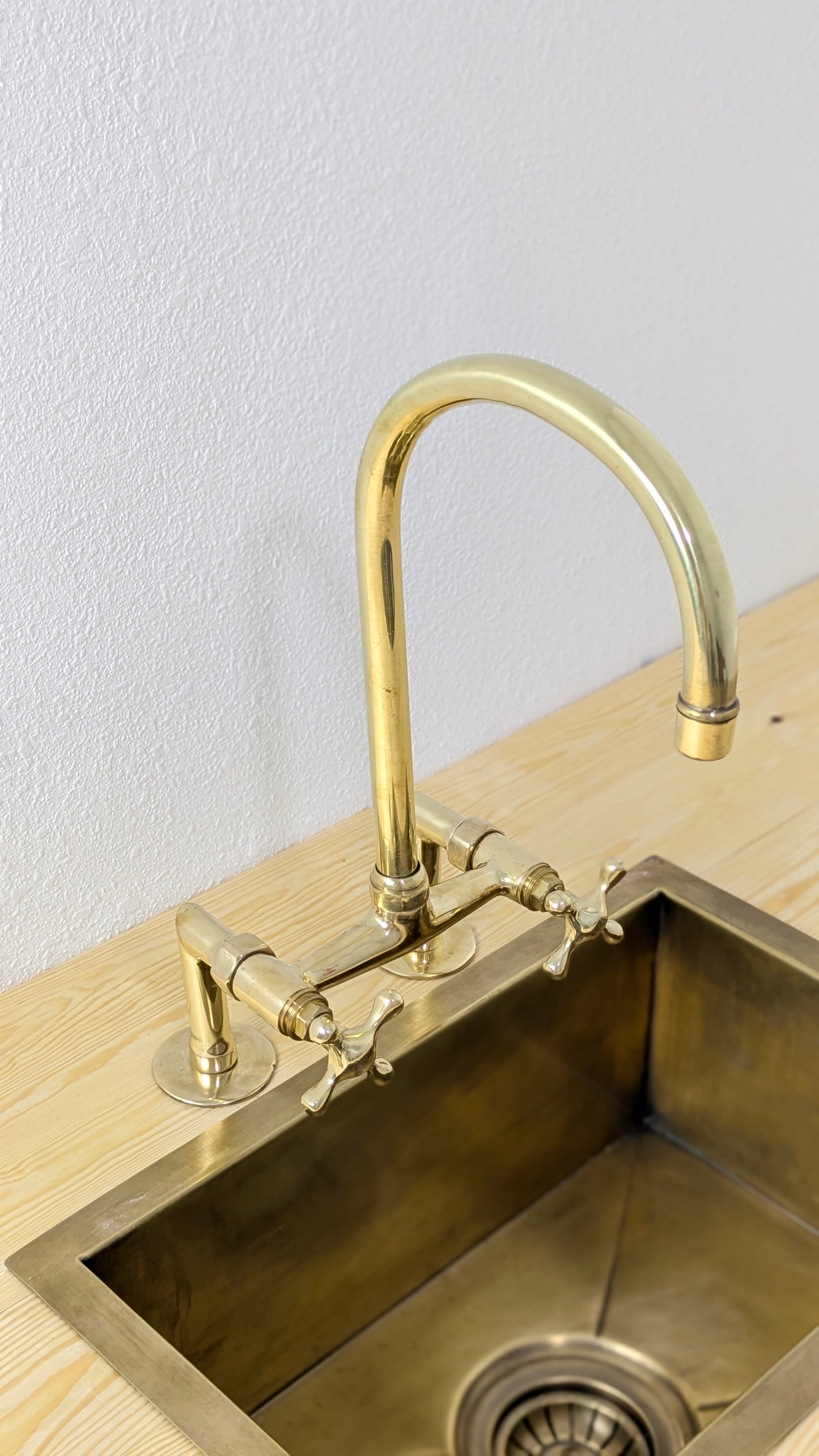 Unlacquered Brass Bridge Kitchen Faucet, Handmade Brass Sink Faucet, Antique Brass Kitchen Faucet