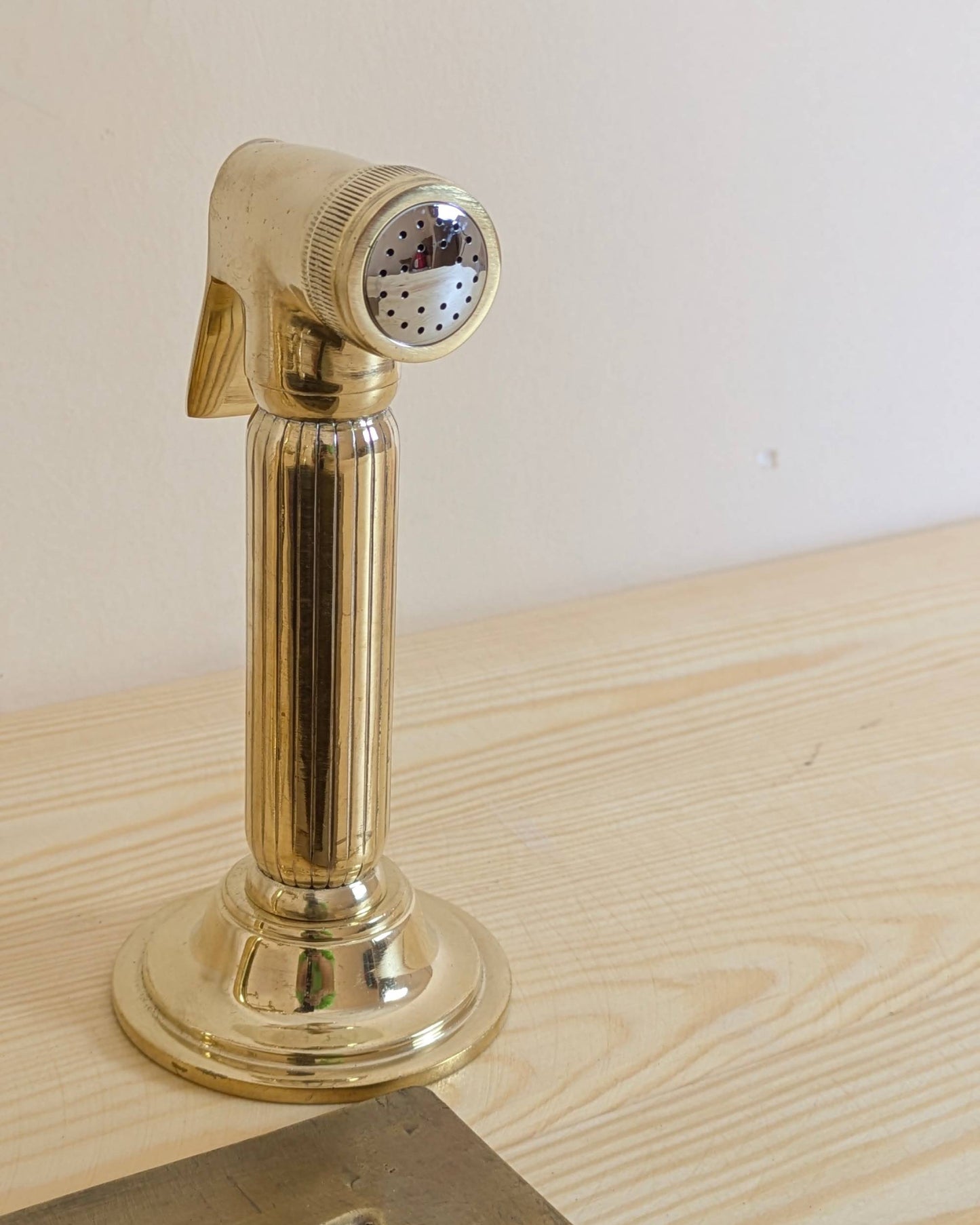 Unlacquered Brass Bridge Kitchen Set With A Side Sprayer And Cold Water Faucet.