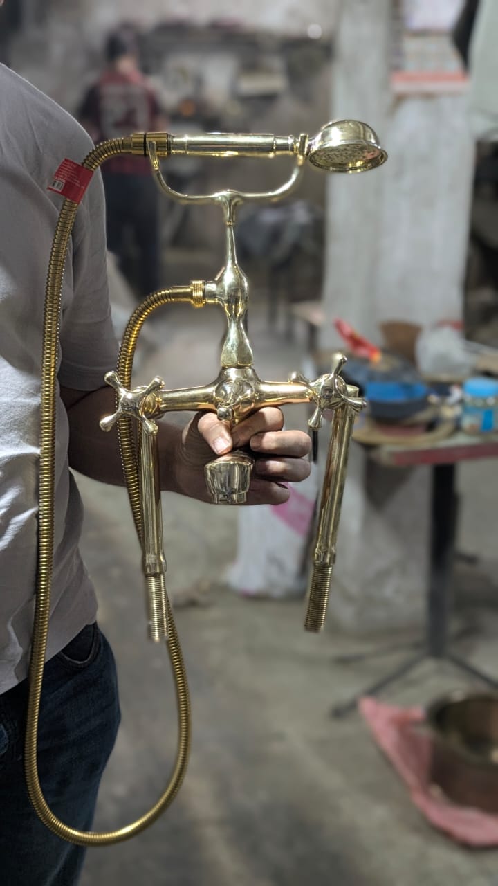 Unlacquered Brass Deck Mounted Bath Filler with Hand Shower