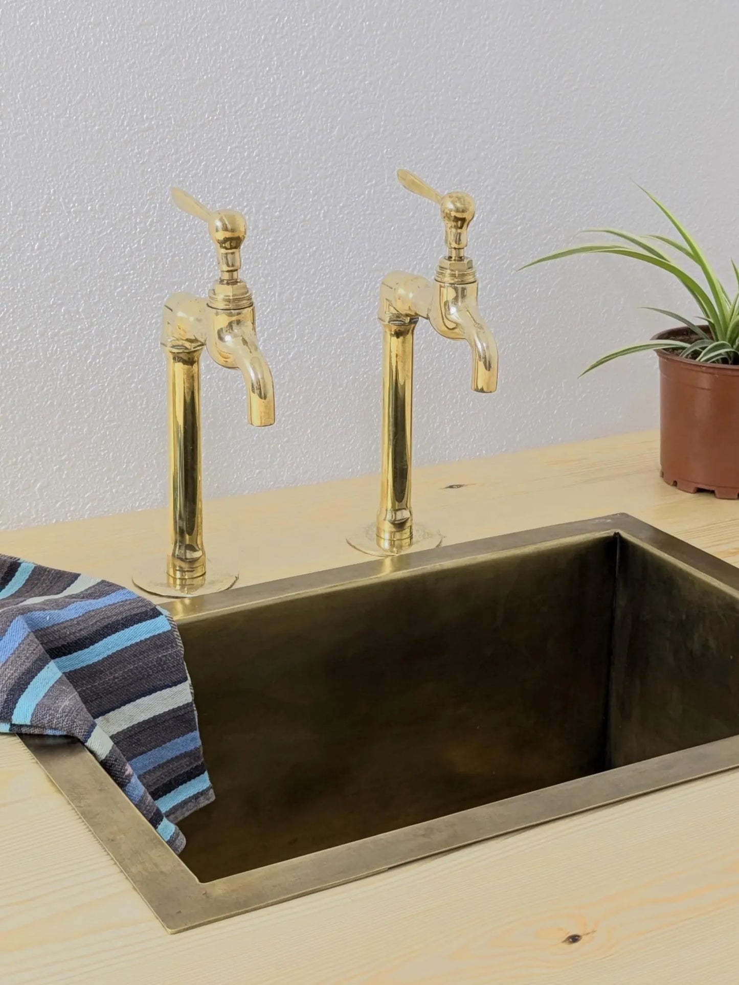 Unlacquered Brass Taps, Countertop Kitchen Pillar Taps.