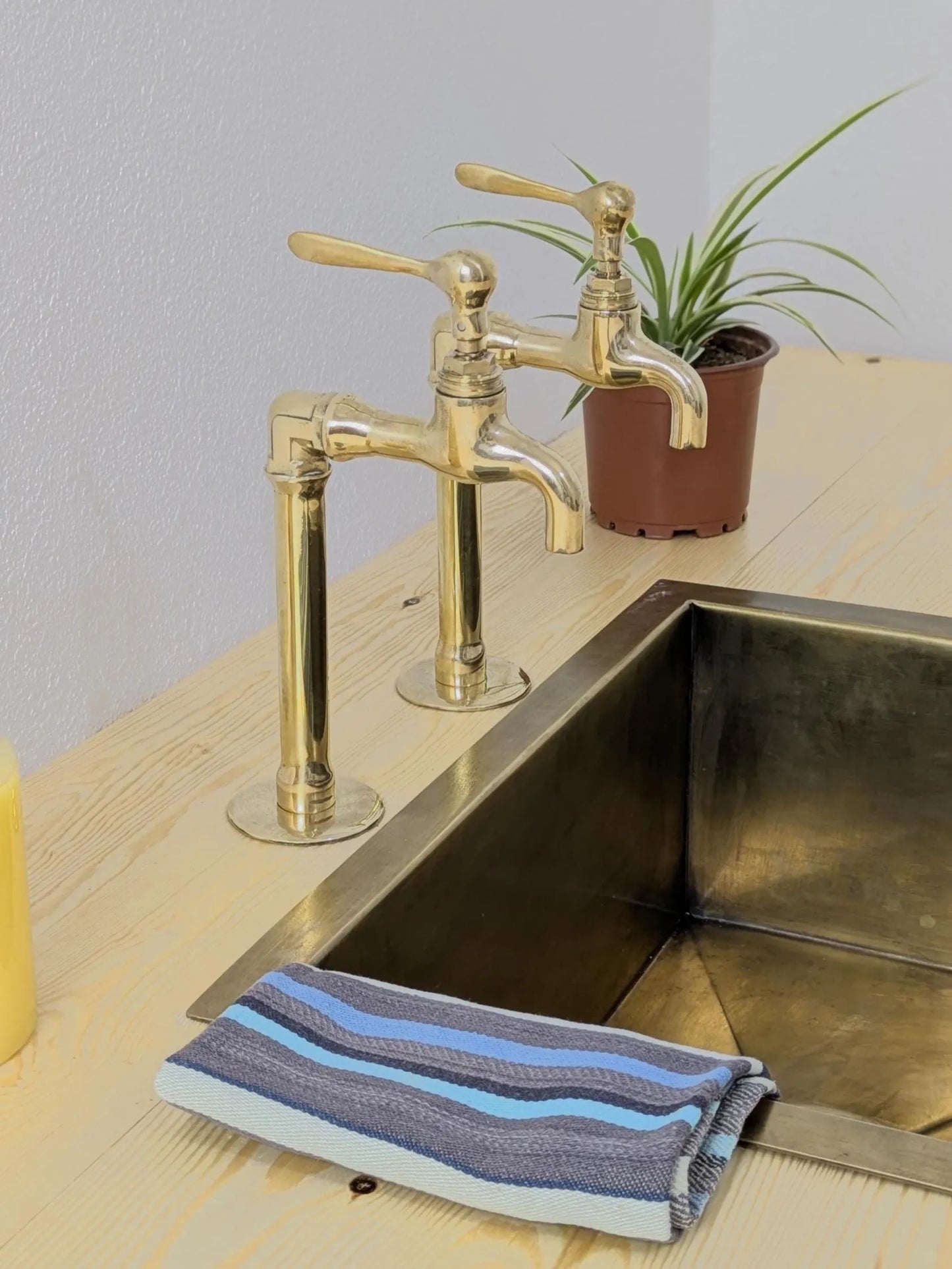 Unlacquered Brass Taps, Countertop Kitchen Pillar Taps.