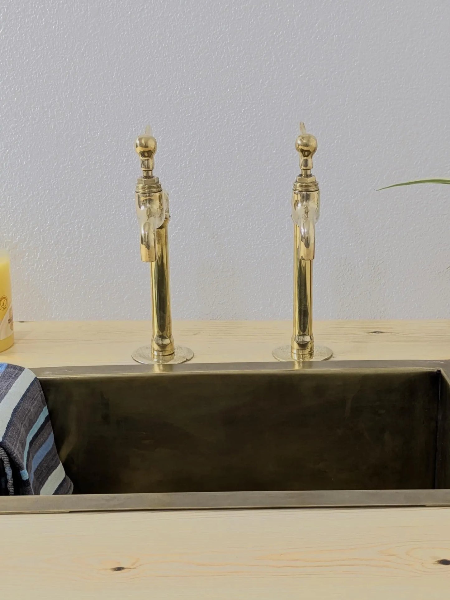 Unlacquered Brass Taps, Countertop Kitchen Pillar Taps.