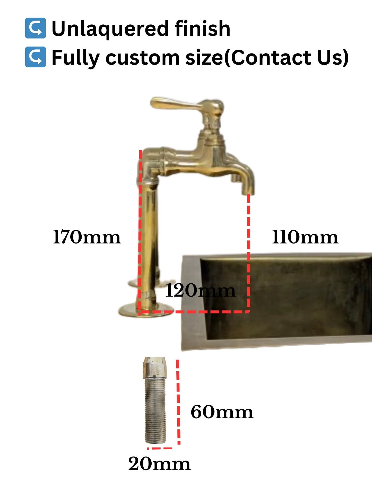 Unlacquered Brass Taps, Countertop Kitchen Pillar Taps.
