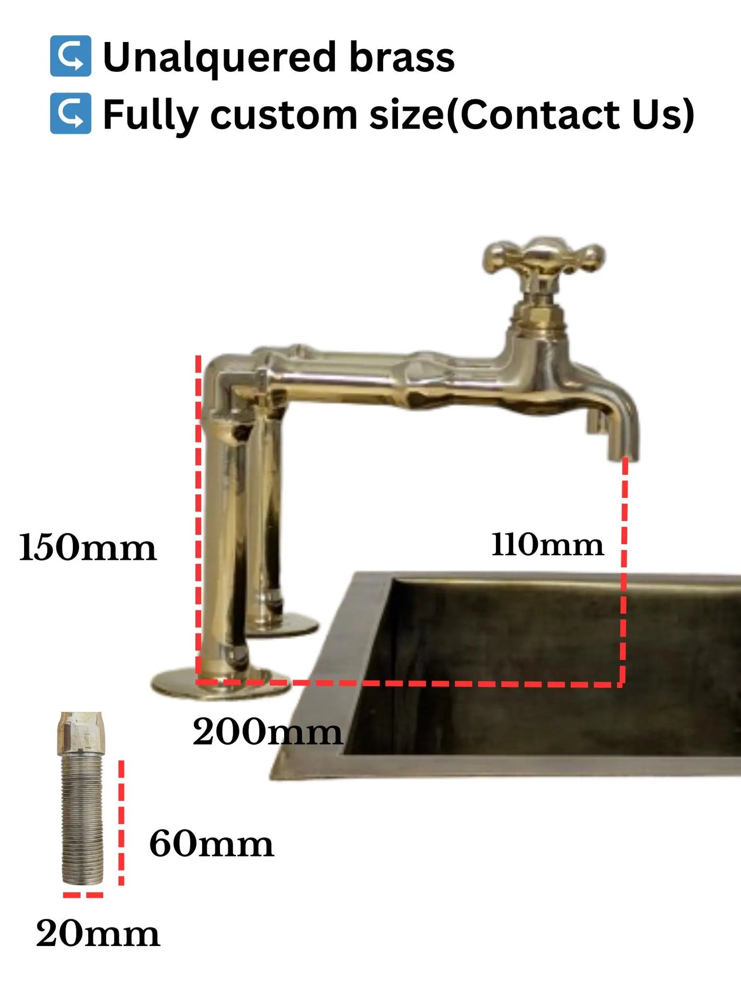 Unlacquered Brass Kitchen Pair Faucet, Single Hole Pair Taps, Cold Hot Antique Brass Taps, Customizable Size.