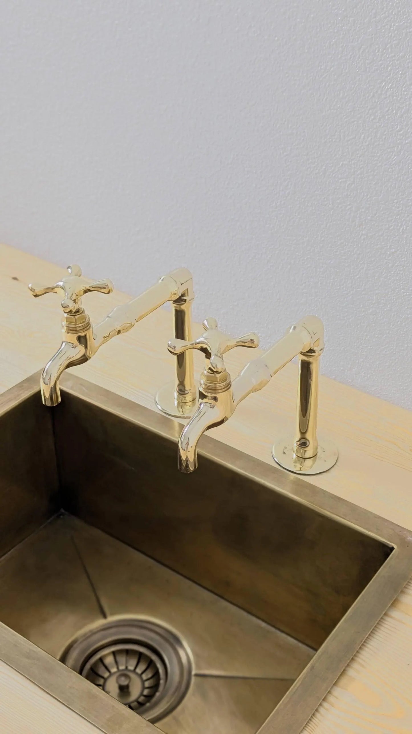 Unlacquered Brass Kitchen Pair Faucet, Single Hole Pair Taps, Cold Hot Antique Brass Taps, Customizable Size.