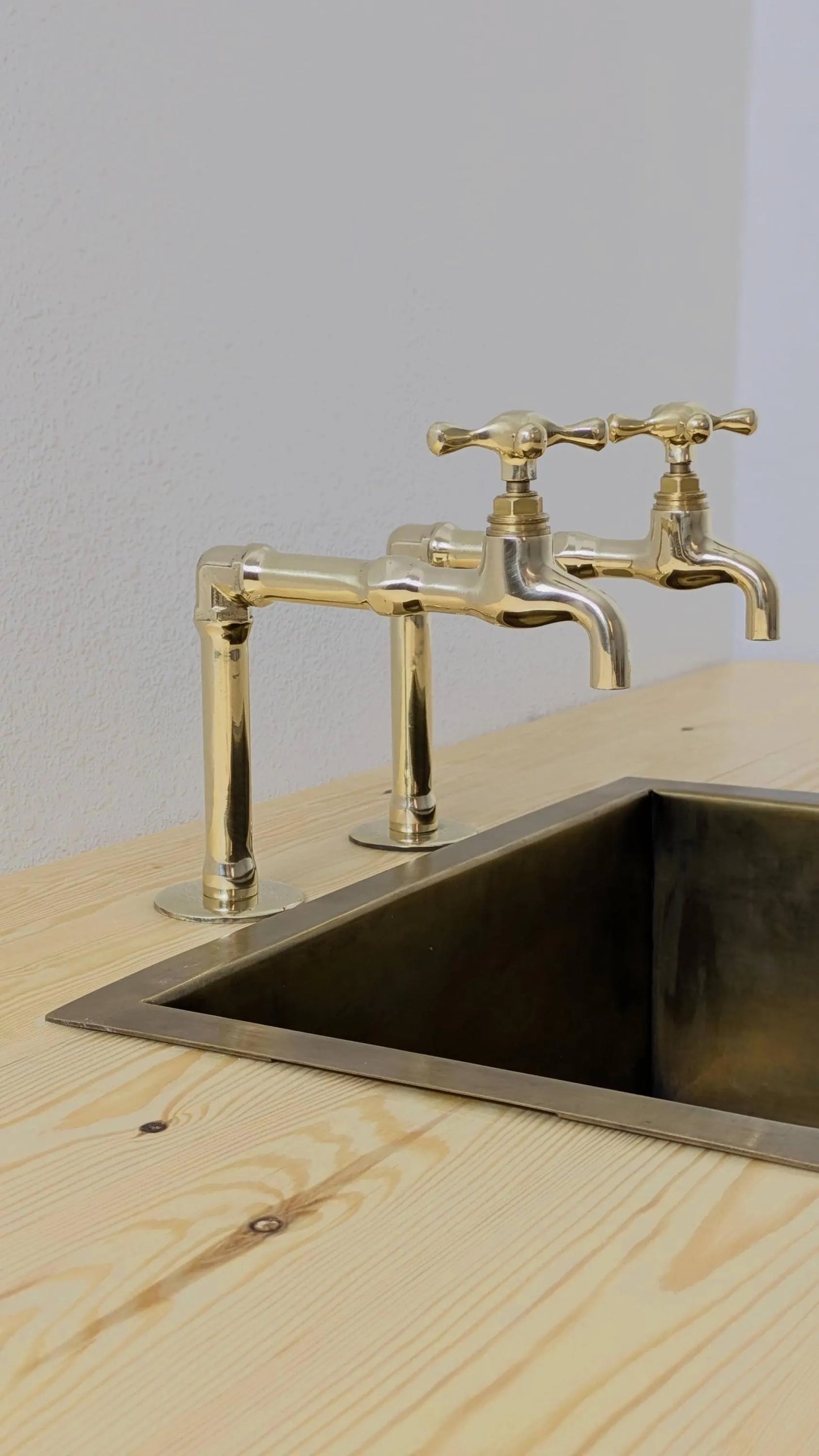 Unlacquered Brass Kitchen Pair Faucet, Single Hole Pair Taps, Cold Hot Antique Brass Taps, Customizable Size.