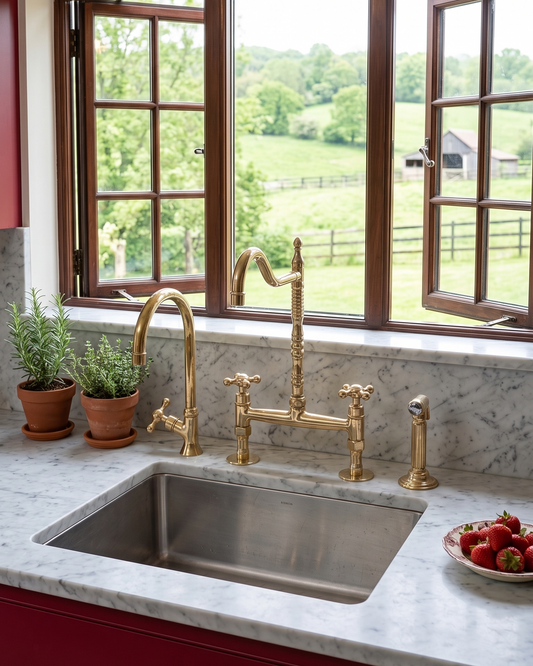 Unlacquered Brass Bridge Faucet  With a Side Sprayer and a Separate Cold Water Faucet.
