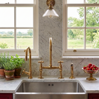 Unlacquered Brass Bridge Faucet  With a Side Sprayer and a Separate Cold Water Faucet.