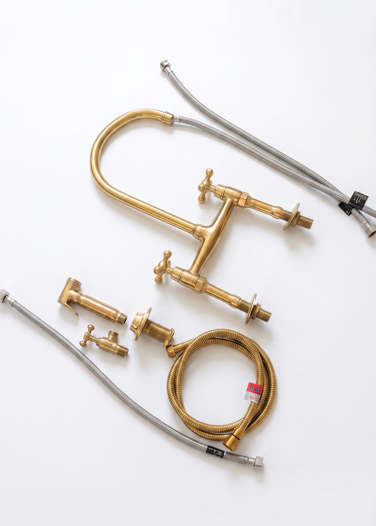 Unlacquered Brass Bridge Kitchen Faucet - Antique Farmhouse 8 Inch Spread - Patina Ready Leaving