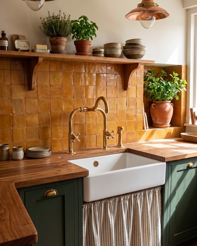 Unlacquered Brass Bridge Kitchen Set With A Side Sprayer And Cold Water Faucet.