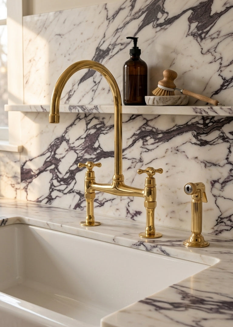 Unlacquered Brass Bridge Kitchen Faucet - Antique Farmhouse 8 Inch Spread - Patina Ready Leaving