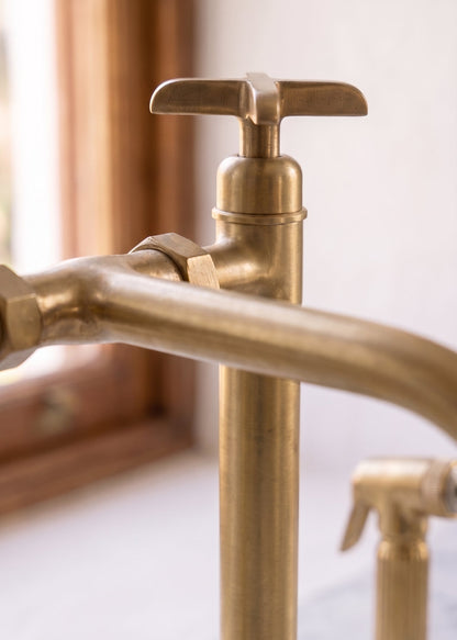Handmade Brass Bridge Kitchen Faucet With Long Legs And Side Sprayer Faucet