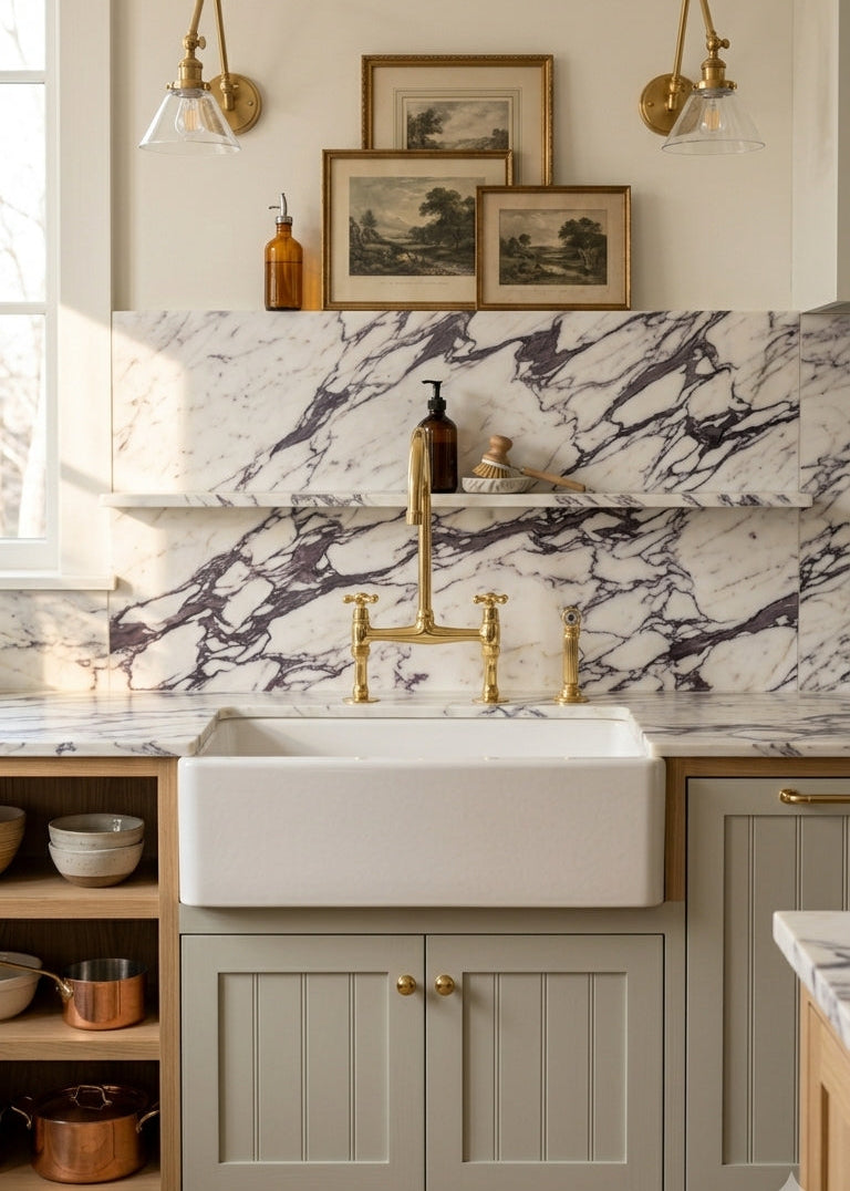 Unlacquered Brass Bridge Kitchen Faucet - Antique Farmhouse 8 Inch Spread - Patina Ready Leaving