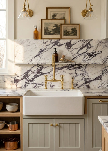Unlacquered Brass Bridge Kitchen Faucet - Antique Farmhouse 8 Inch Spread - Patina Ready Leaving