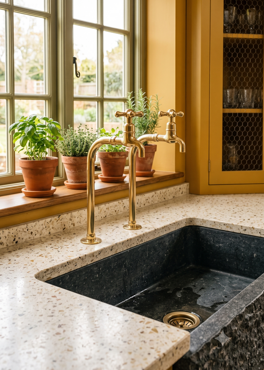 Unlacquered Brass Bib Faucets: Tall Countertop Brass Pillar Taps