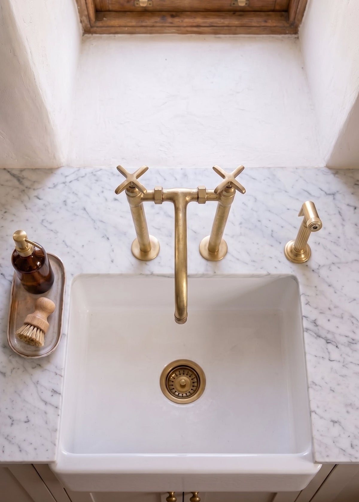 Handmade Brass Bridge Kitchen Faucet With Long Legs And Side Sprayer Faucet