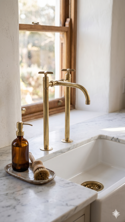 Handmade Brushed Brass Bridge Kitchen Faucet
