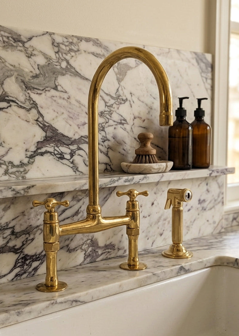 Unlacquered Brass Bridge Kitchen Faucet - Antique Farmhouse 8 Inch Spread - Patina Ready Leaving