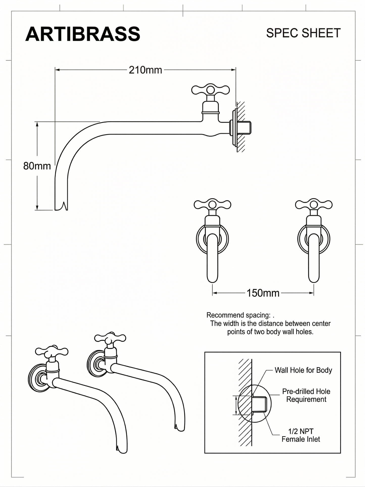 Wall mounted brass faucets, Vintage style bathroom or kitchen taps.
