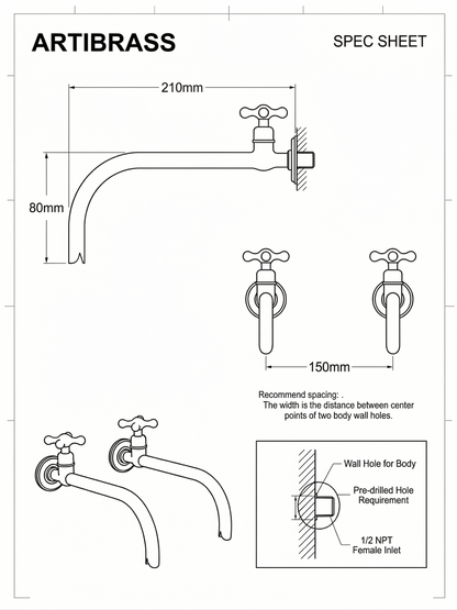 Wall mounted brass faucets, Vintage style bathroom or kitchen taps.