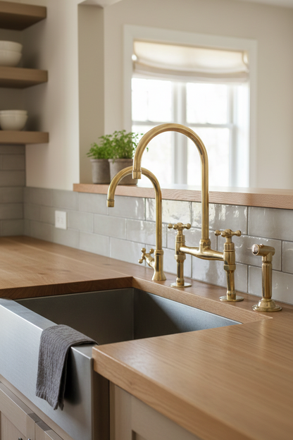 Unlacquered Brass Bridge Faucet  With a Side Sprayer and a Separate Cold Water Faucet.