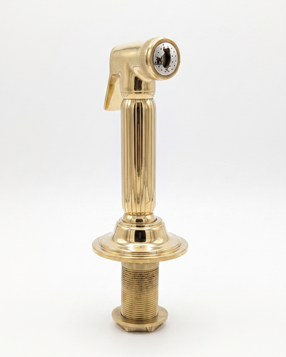 Unlacquered Brass Bridge Faucet  With a Side Sprayer and a Separate Cold Water Faucet.