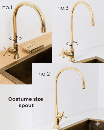 Unlacquered Brass Bridge Faucet  With a Side Sprayer and a Separate Cold Water Faucet.
