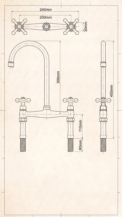 Unlacquered Brass Bridge Kitchen Faucet - Antique Farmhouse 8 Inch Spread - Patina Ready Leaving