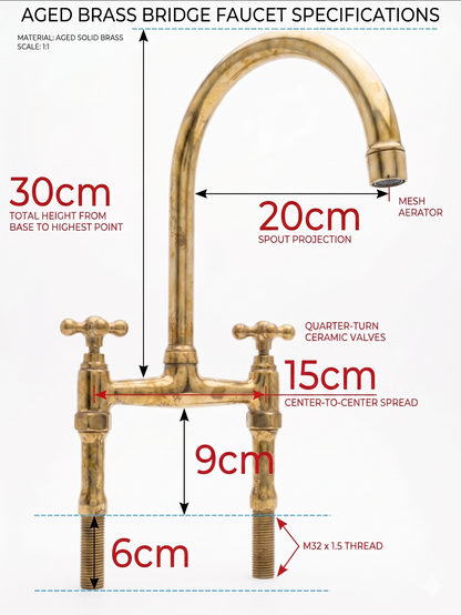 Unlacquered Brass Bridge Kitchen Faucet: Antique Style Cross Handles