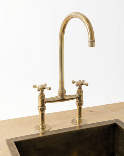 Unlacquered Brass Bridge Kitchen Faucet: Antique Style Cross Handles