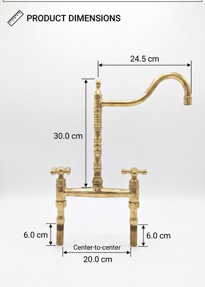 Unlacquered Brass Bridge Faucet  With a Side Sprayer and a Separate Cold Water Faucet.