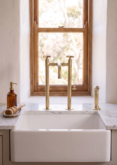 Handmade Brass Bridge Kitchen Faucet With Long Legs And Side Sprayer Faucet