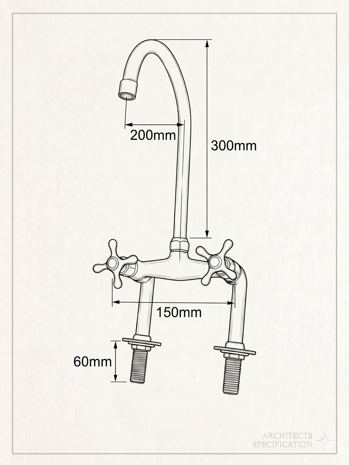 Unlacquered Brass Bridge Kitchen Faucet, Antique Farmhouse Tap, 6inch Spread.
