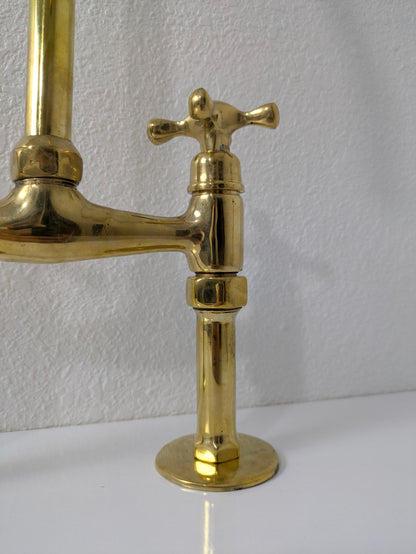 Unlacquered Brass Kitchen Bridge Faucet, Solid Brass 6" Bridge Faucet with Cross Handles and Straight Legs.