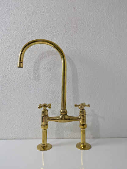 Unlacquered Brass Kitchen Bridge Faucet, Solid Brass 6" Bridge Faucet with Cross Handles and Straight Legs.