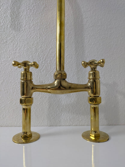 Unlacquered Brass Kitchen Bridge Faucet, Solid Brass 6" Bridge Faucet with Cross Handles and Straight Legs.