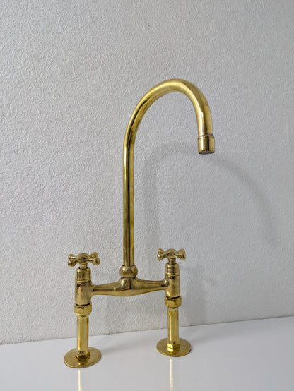 Unlacquered Brass Kitchen Bridge Faucet, Solid Brass 6" Bridge Faucet with Cross Handles and Straight Legs.