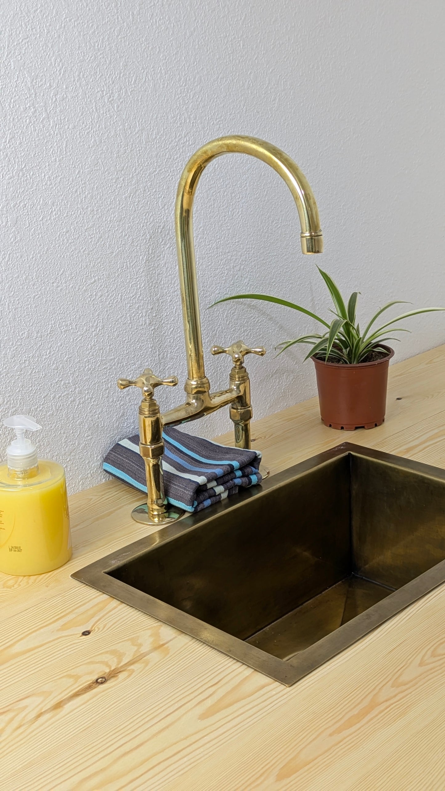 Unlacquered Brass Kitchen Faucet, 6" Bridge Faucet with Cross Handles, Antique Brass, Vintage Brass Faucet