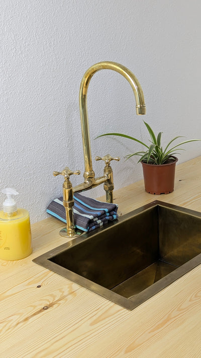 Unlacquered Brass Kitchen Faucet, 6" Bridge Faucet with Cross Handles, Antique Brass, Vintage Brass Faucet
