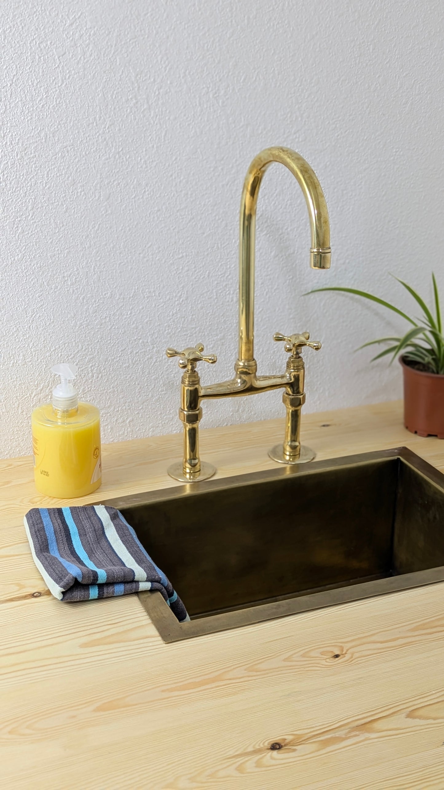 Unlacquered Brass Kitchen Faucet, 6" Bridge Faucet with Cross Handles, Antique Brass, Vintage Brass Faucet