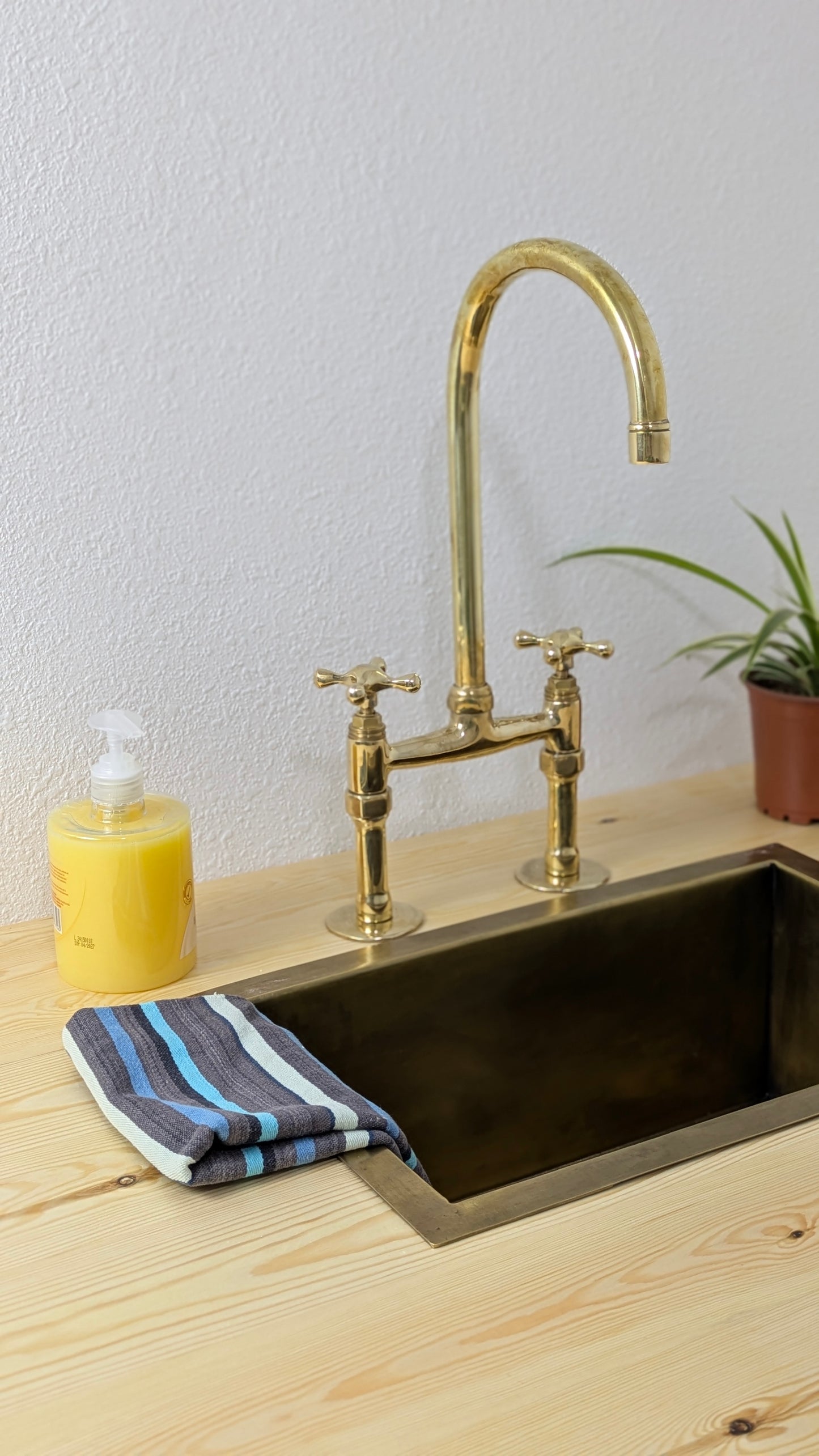 Unlacquered Brass Kitchen Faucet, 6" Bridge Faucet with Cross Handles, Antique Brass, Vintage Brass Faucet