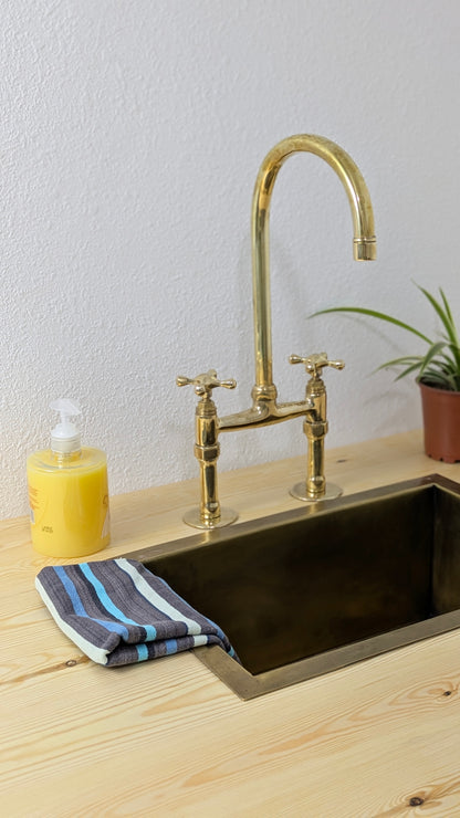 Unlacquered Brass Kitchen Faucet, 6" Bridge Faucet with Cross Handles, Antique Brass, Vintage Brass Faucet