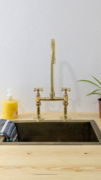 Unlacquered Brass Kitchen Faucet, 6" Bridge Faucet with Cross Handles, Antique Brass, Vintage Brass Faucet