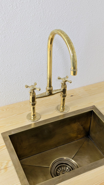 Unlacquered Brass Kitchen Faucet, 6" Bridge Faucet with Cross Handles, Antique Brass, Vintage Brass Faucet