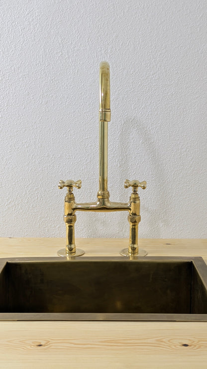 Unlacquered Brass Kitchen Faucet, 6" Bridge Faucet with Cross Handles, Antique Brass, Vintage Brass Faucet