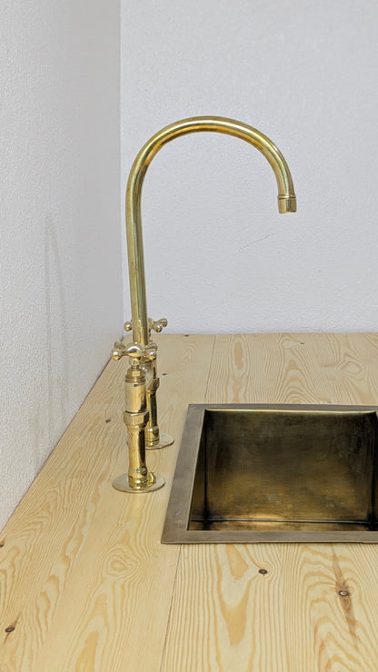 Unlacquered Brass Kitchen Faucet, 6" Bridge Faucet with Cross Handles, Antique Brass, Vintage Brass Faucet