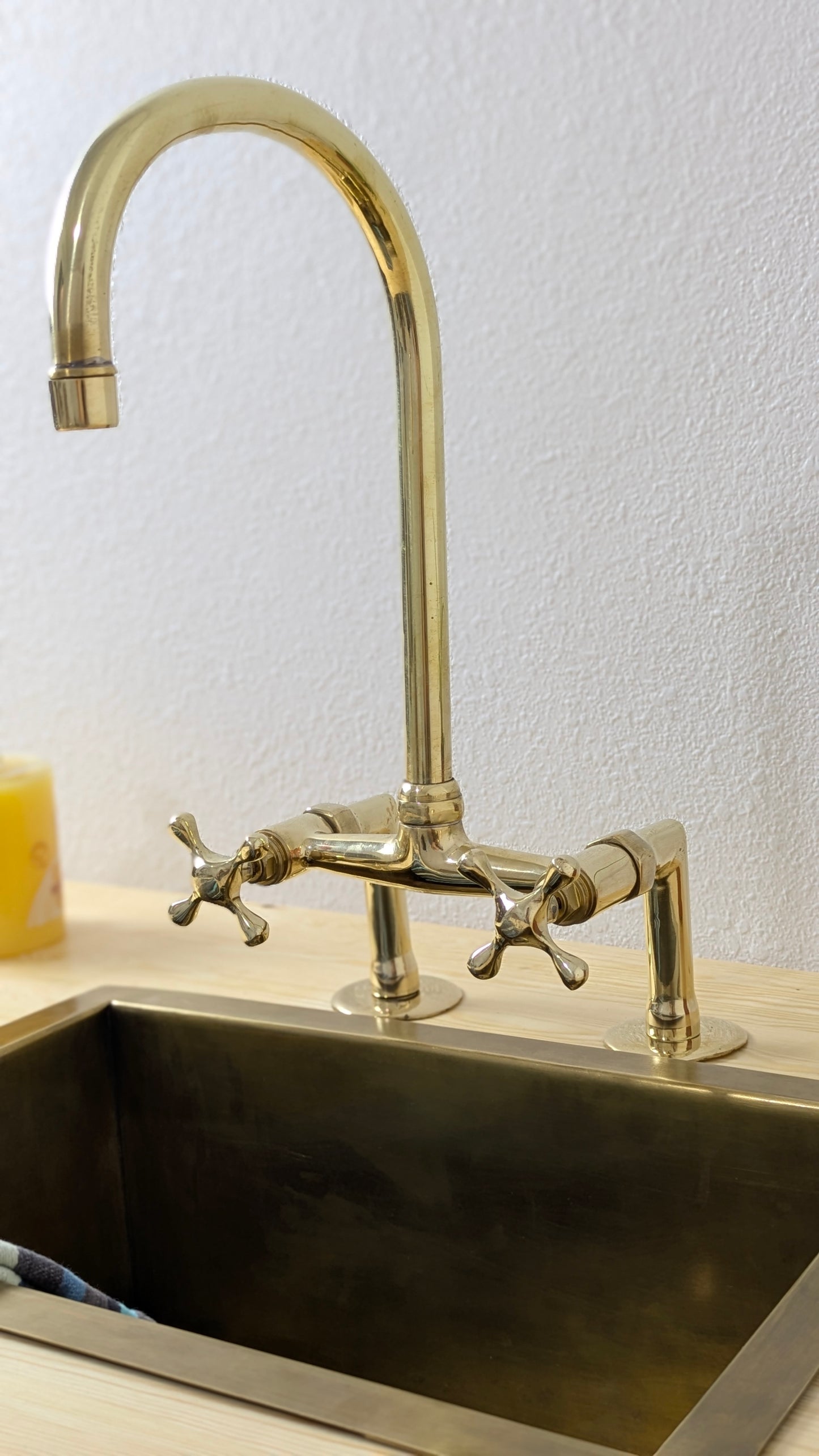 Unlacquered Brass Bridge Kitchen Faucet, Handmade Brass Sink Faucet, Antique Brass Kitchen Faucet