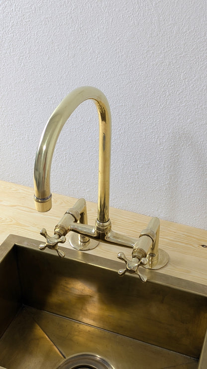 Unlacquered Brass Bridge Kitchen Faucet, Handmade Brass Sink Faucet, Antique Brass Kitchen Faucet